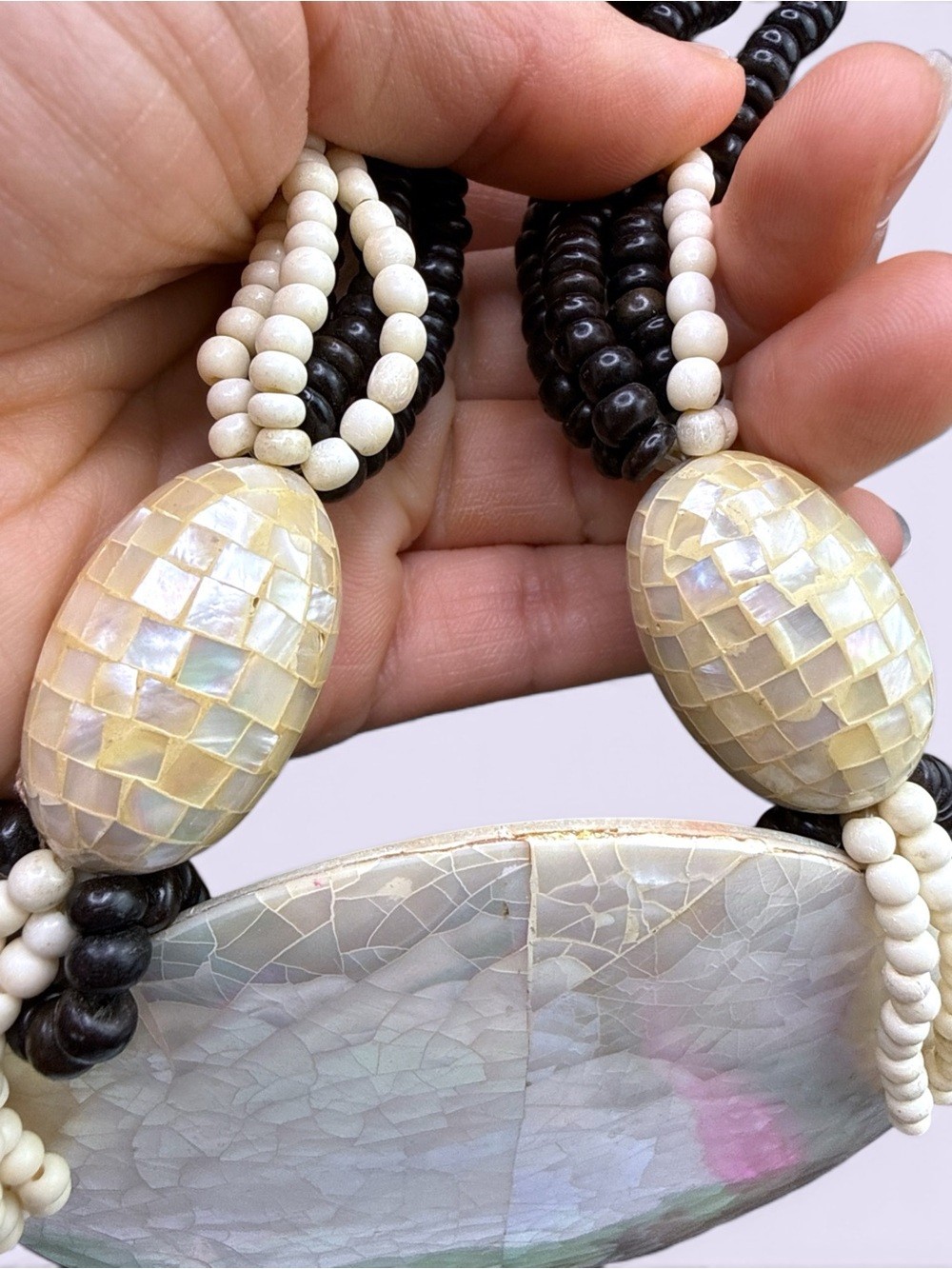 XL 1970s Mother of Pear Mosaic Pendent Multi-Strand Necklace, Bone, Seed Bead