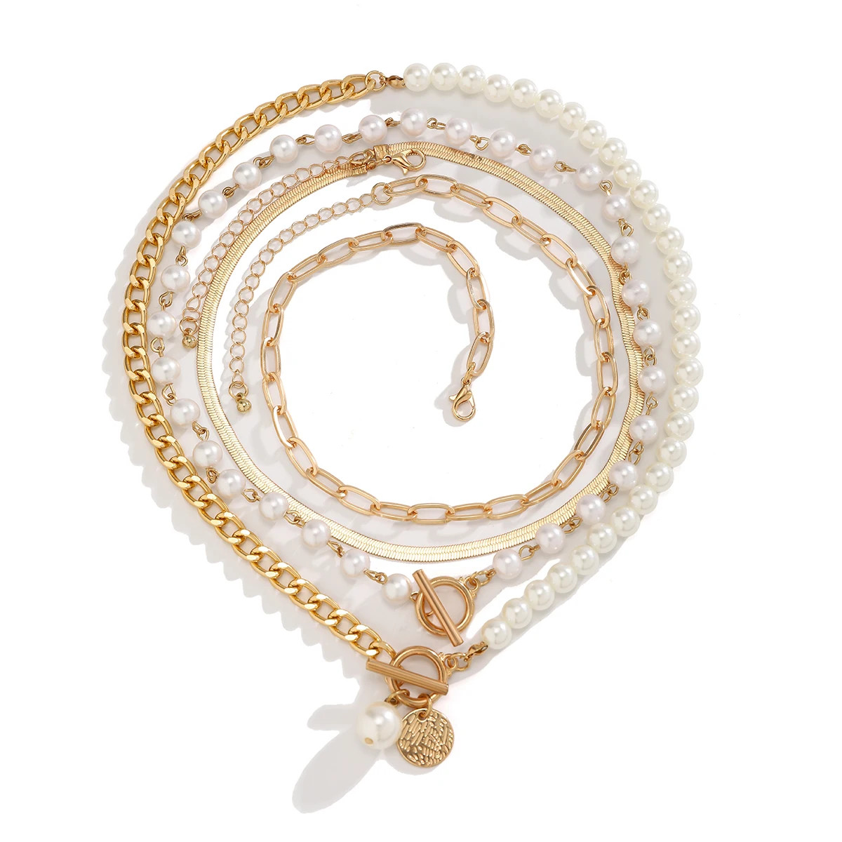 Layered Imitation Pearl and Thick Chains Choker Necklace for Women Tendy Beaded