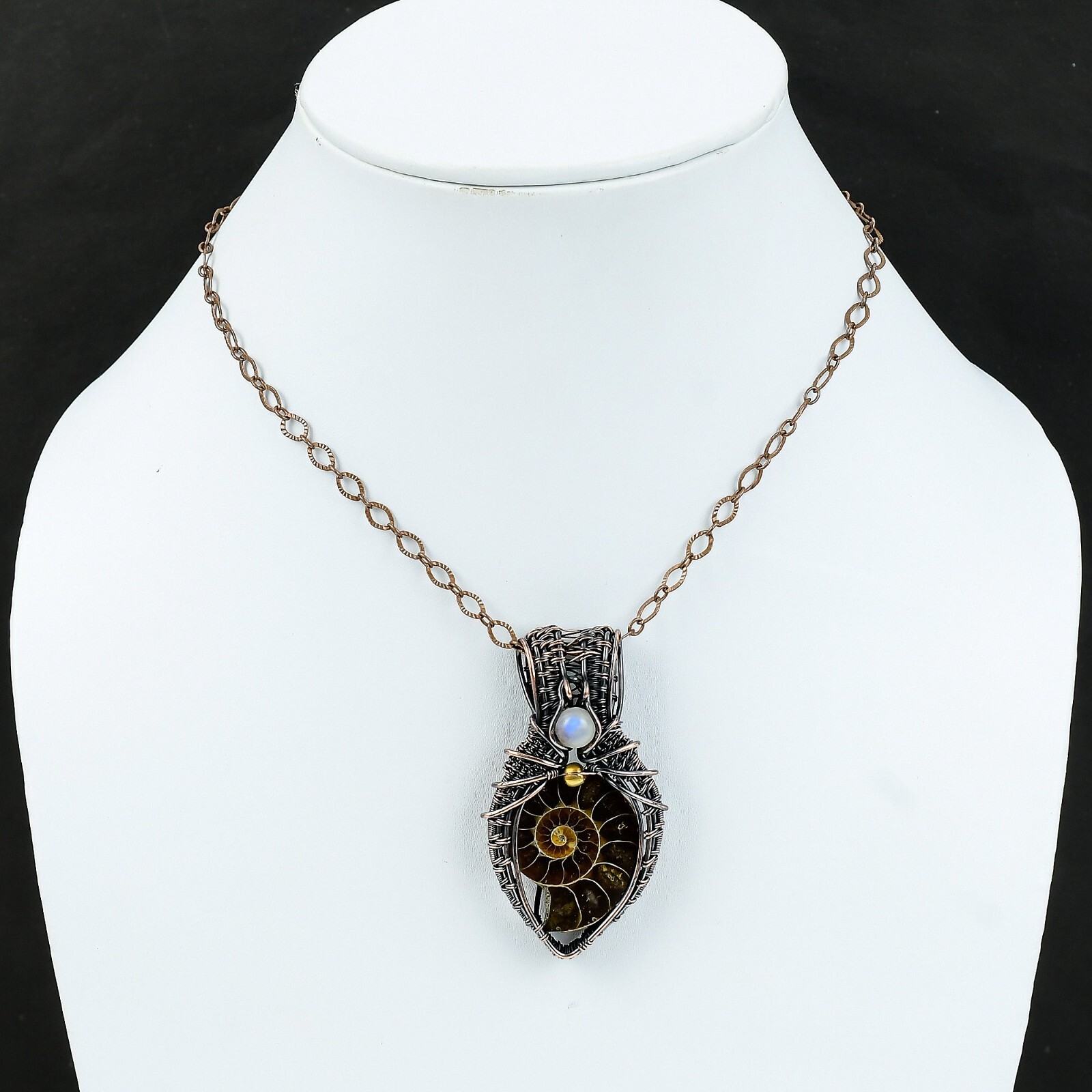Birthday Gift For Her Ammonite Fossil Wire Wrapped Pendant Copper Jewelry 2.36″
