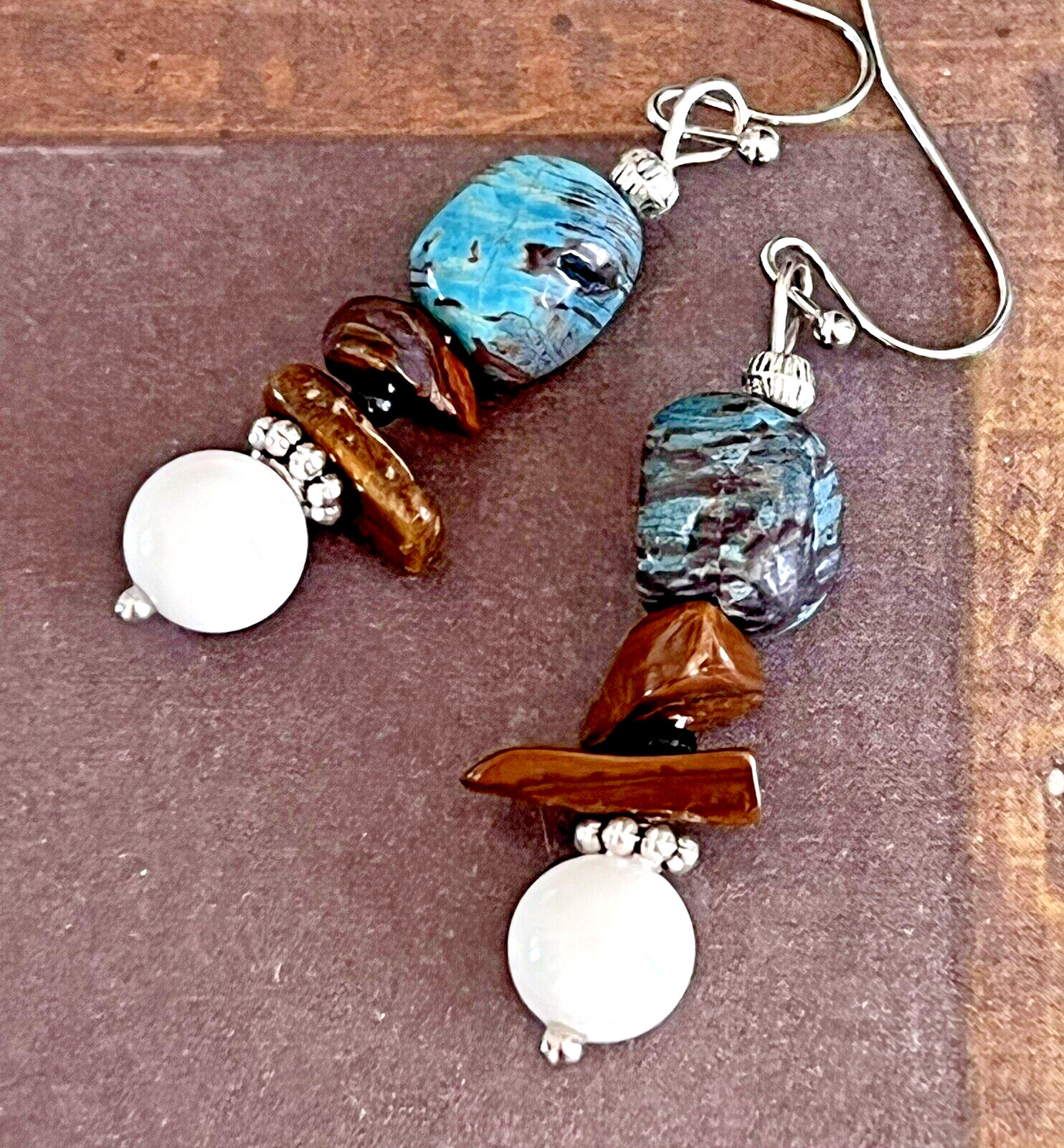 Silver, Brown & Blue Tone Stone Dangle Earrings. Ocean. Beach. Mother of Pearl.
