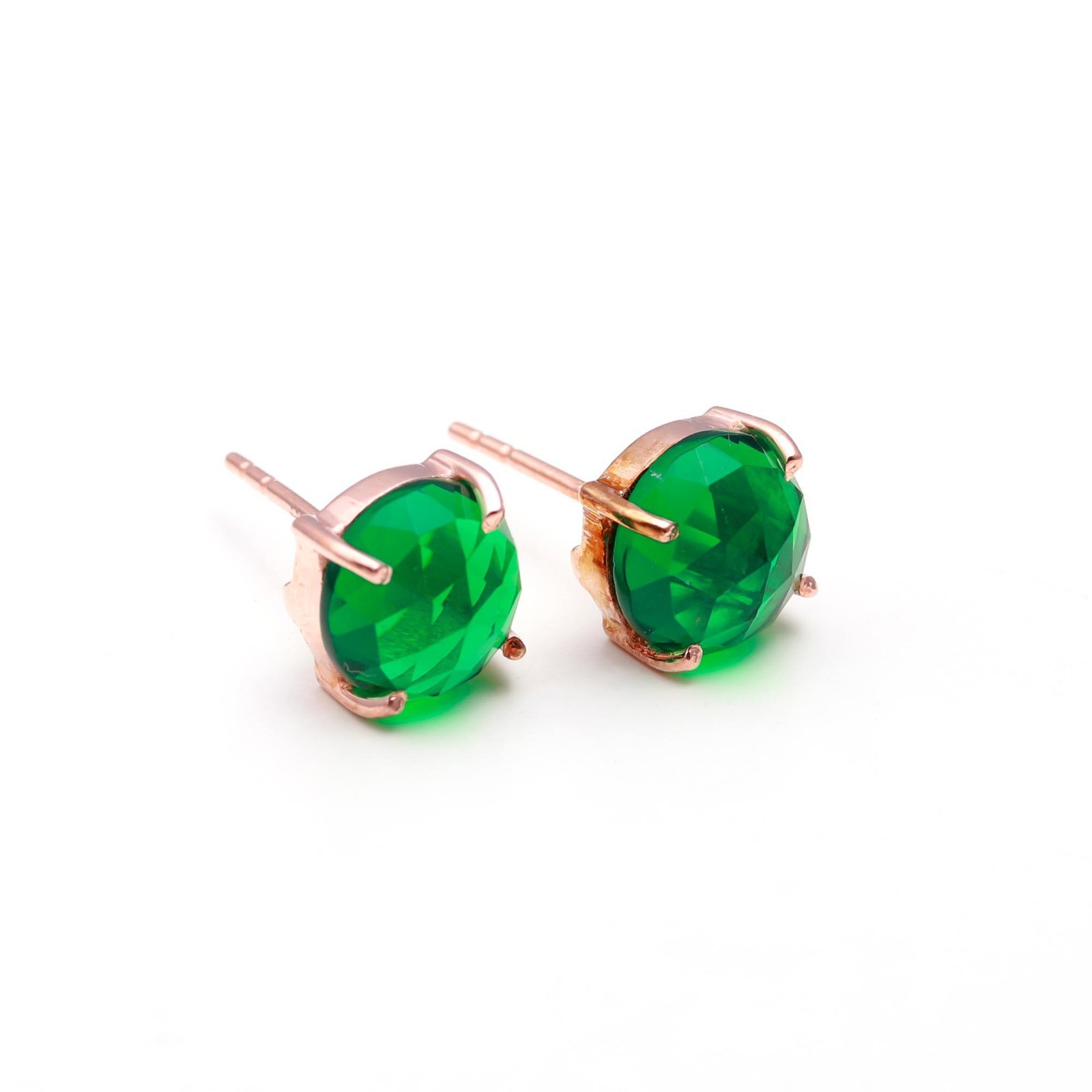 Natural Green Emerald Round Stud Earrings Rose Gold Fill Solid Silver Jewelry