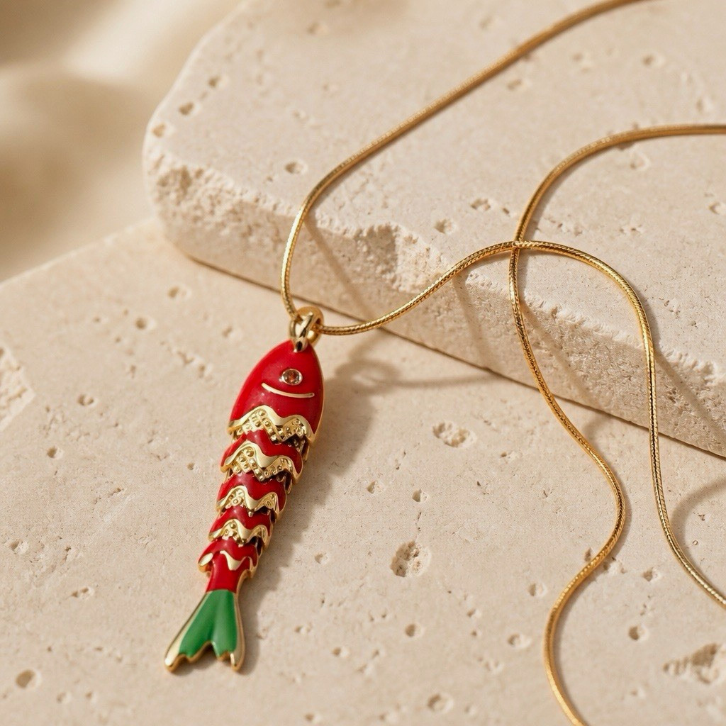 14k Gold Plated Enamel Red Fish Animal Charm Pendant Necklace on Cable Chain