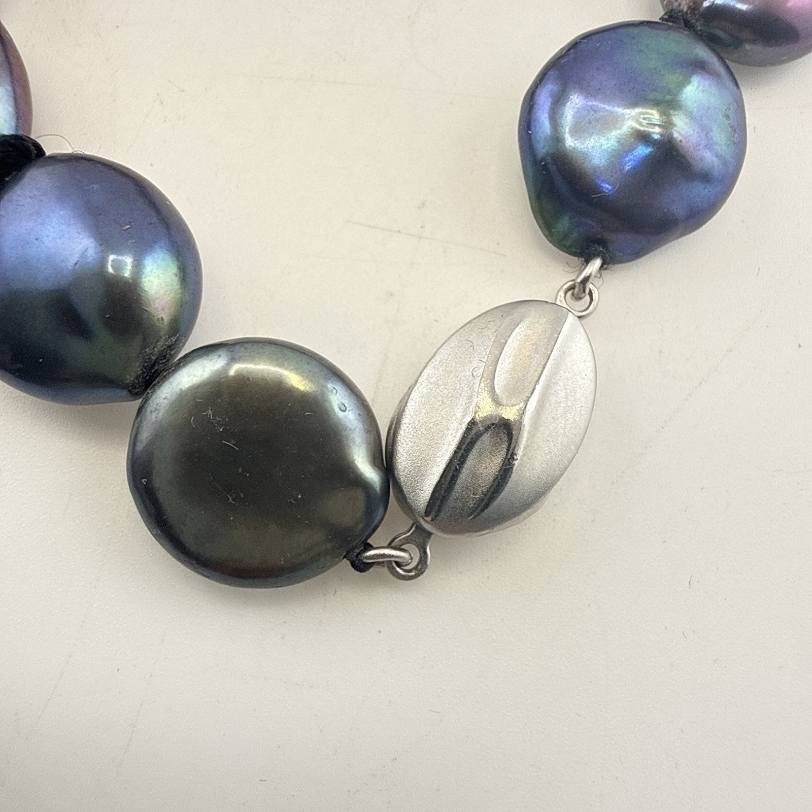 Honora Pearl Necklace Oil Slick Peacock Blue Purple Coin 36″ Chunky Modern