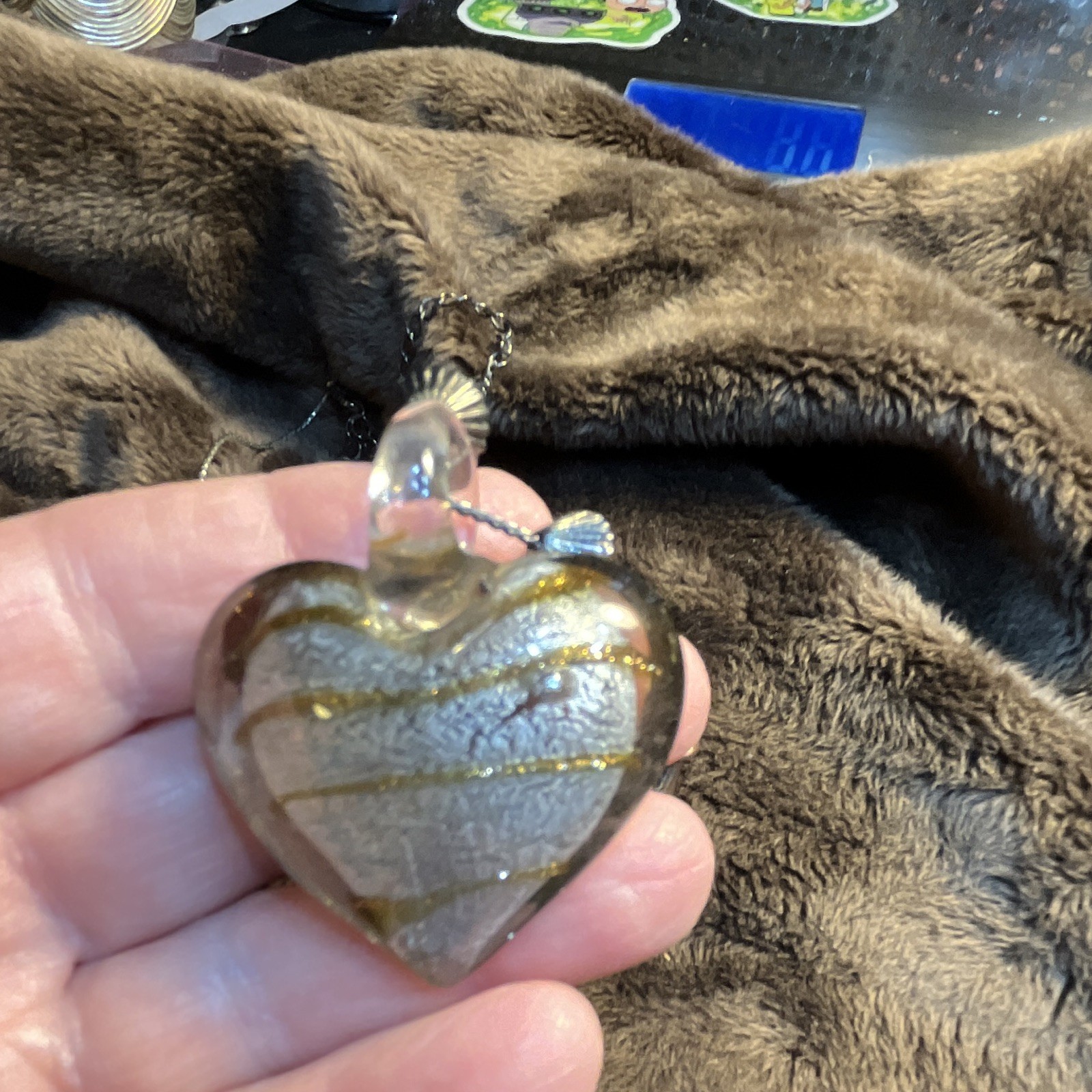 Glass Heart Charm Pendant Necklace Brown/Gold Stone Silver Link Chain Adjustable