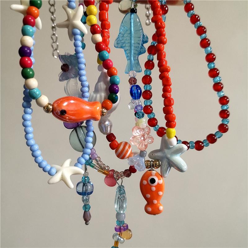Orange Ceramic Fish Starfish Pendant Beaded Choker Necklace Boho Vacation