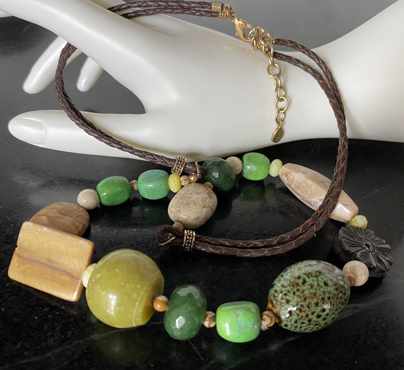 Signed Barse Necklace Assorted Stones on Brown Twisted Leather Cord 29″