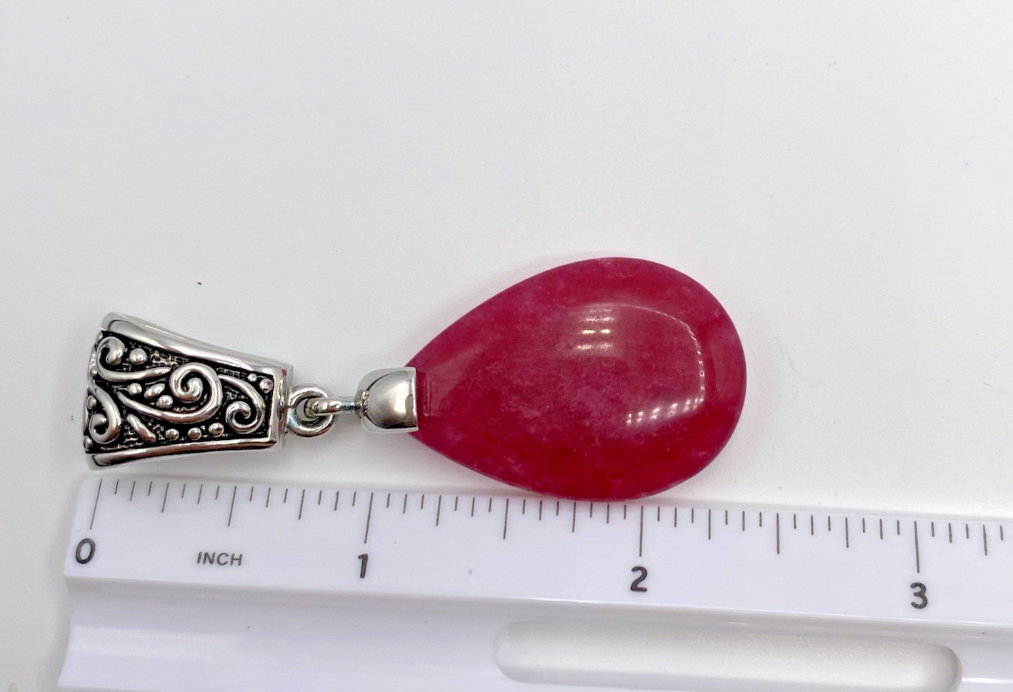 Bali Style Pendant Dark Pink Natural Stone Teardrop Silver-Tone 2.25 inches