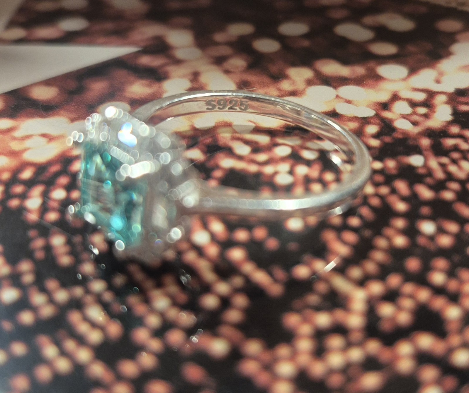 925 Sterling Silver Aqua Stone Princess Cut Ring Size 8