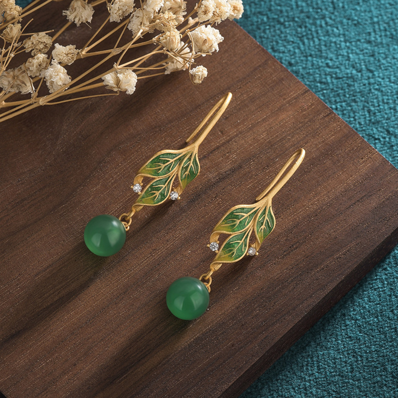 Green Jade Drop Dangle Earrings Boho Gemstone Leaf Design Hook 18K Gold Plated