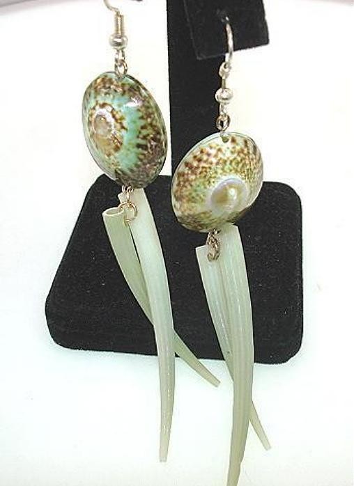 HAWAIIAN OPIHI LIMPET INDO-PACIFIC GREEN TUSK SHELL DANGLING 316L HOOK EARRINGS