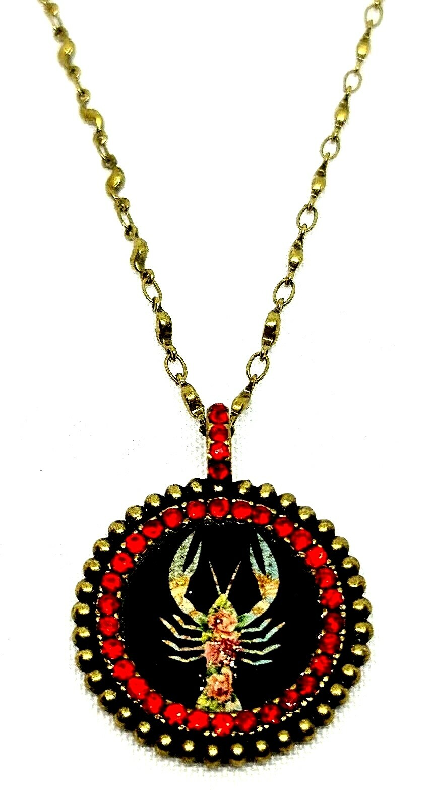 Lovely round Metal Necklace By Michal Negrin Red Crystal Cancer Sign.
