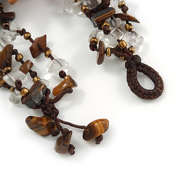 Handmade Leather Flower Semiprecious Bead Cotton Cord Bracelet (Brown/