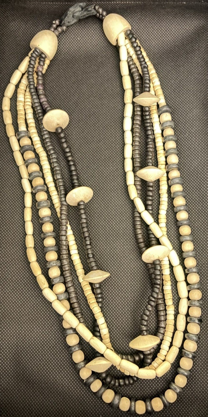 Multi-Strand Plastic Beaded Statement Necklace, Black & Beige
