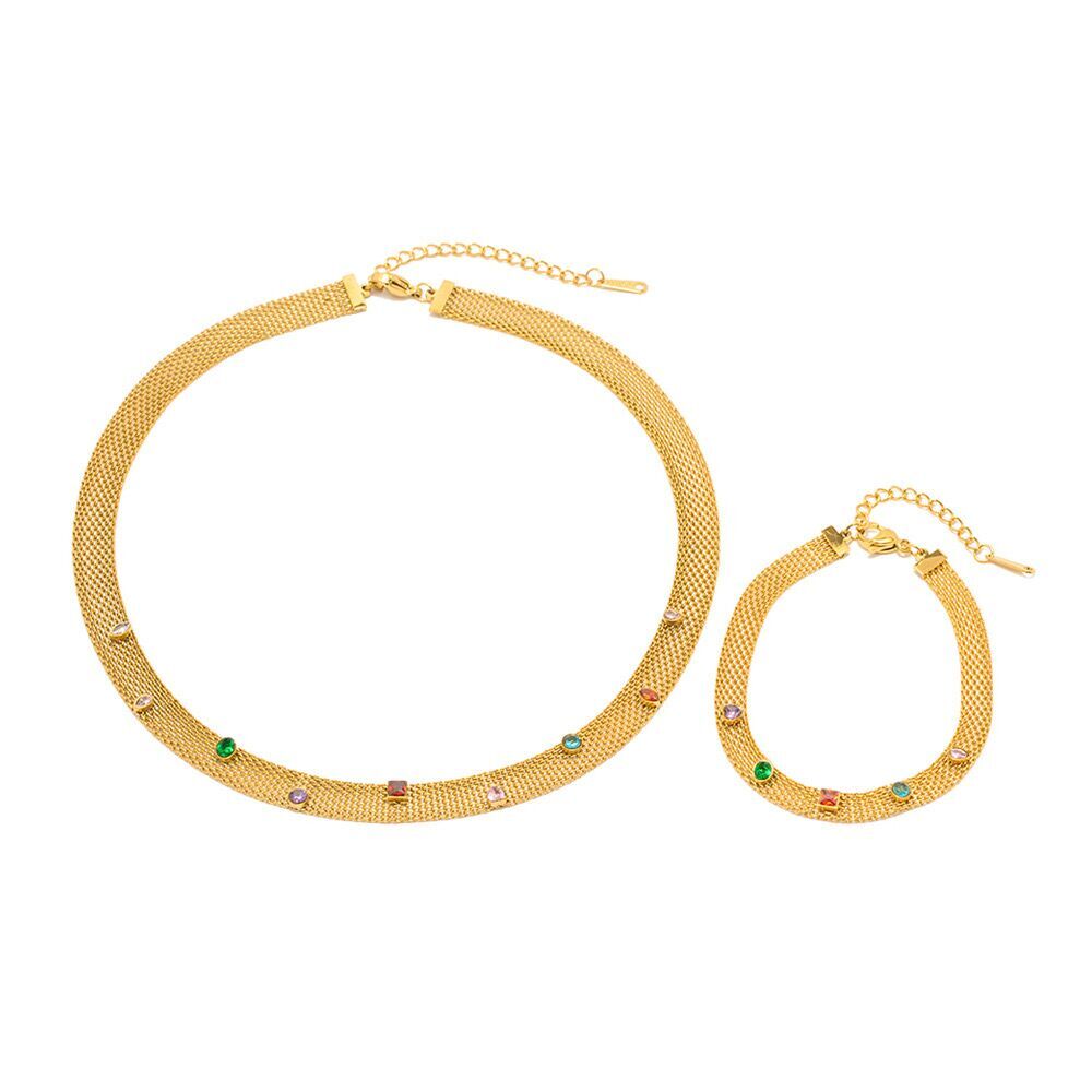 SET Woman 18k Gold Plated Multicolor CZ Mesh Braided Necklace Chain/Bracelet