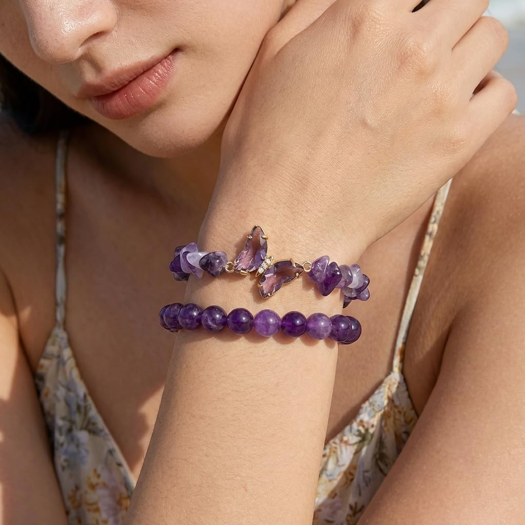 Natural Amethyst Healing Stone Bracelet Set for Women, Anxiety Relief Nature Sto