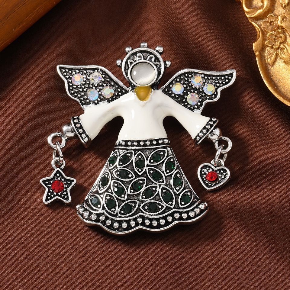 Vintage Angel Wings Star and Heart Brooch Rhinestone Enamel Pin