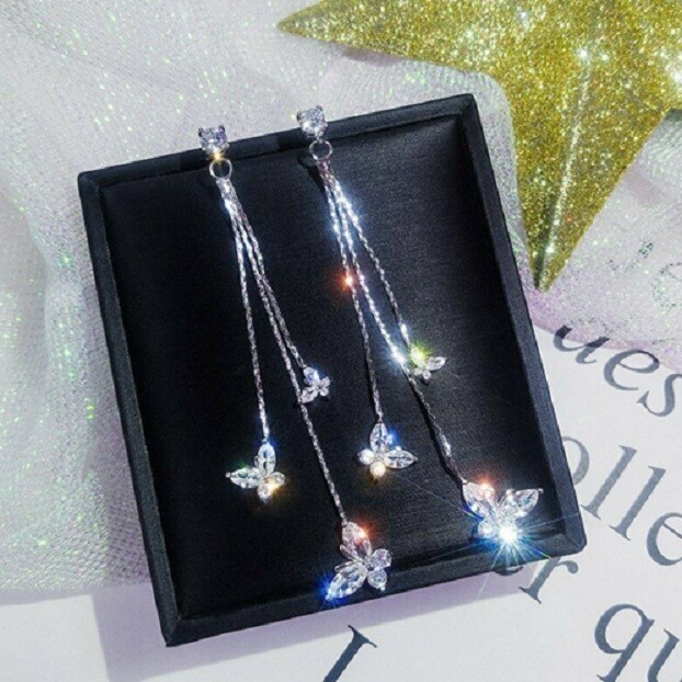 925 Sterling Silver New Fashion Butterfly White Topaz Dangle Drop Stud Earrings