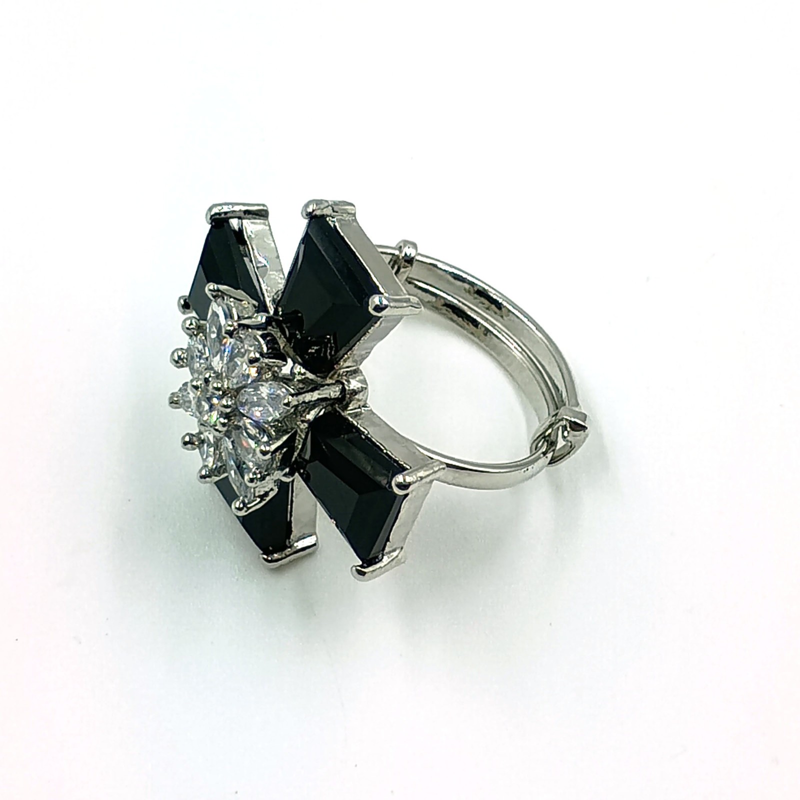 Black Stone CZ Cross Ring White Plated Adjustable Band Gothic Statement Jewelry