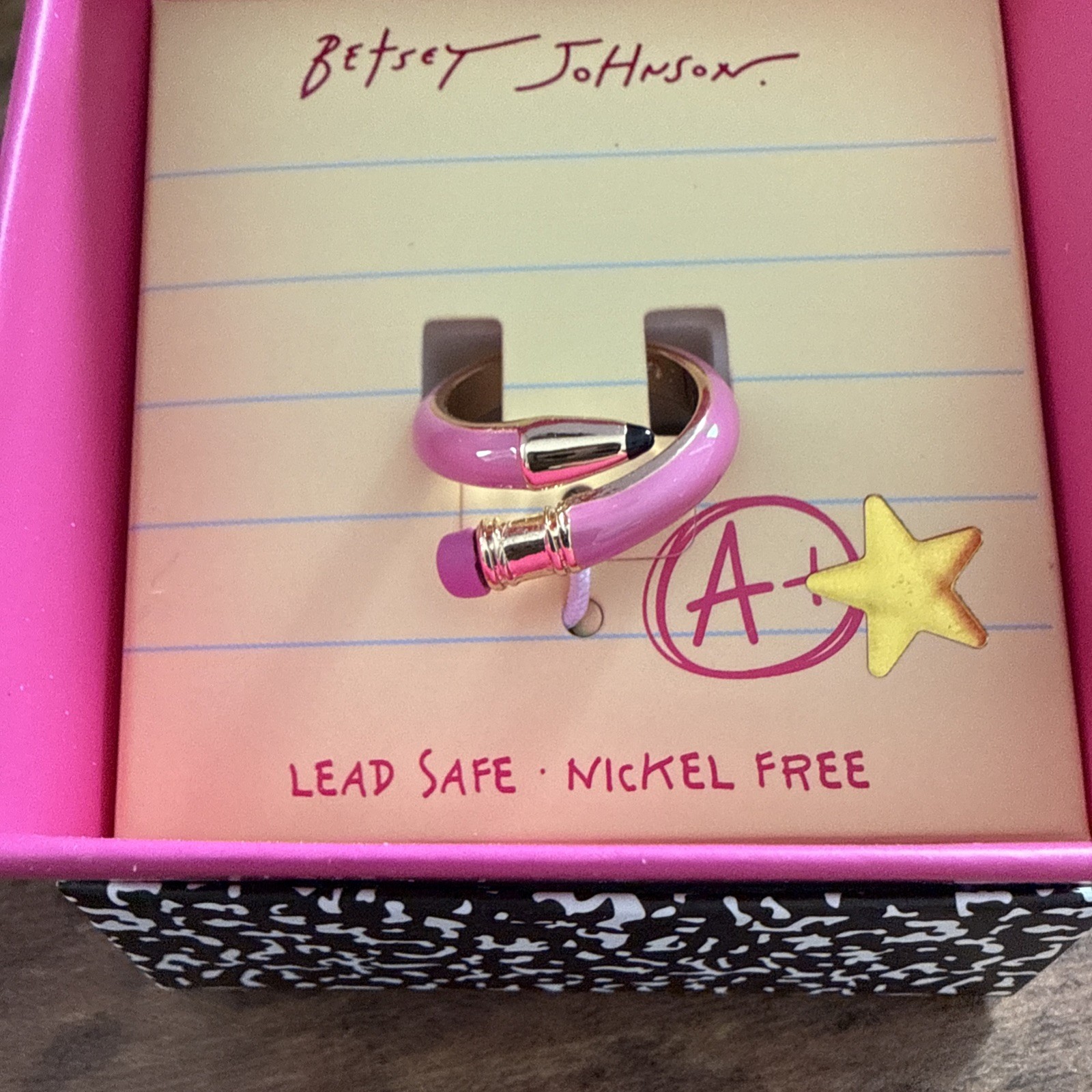 BETSEY JOHNSON Back to School Pink Pencil Wrap Band Ring NEW NWT