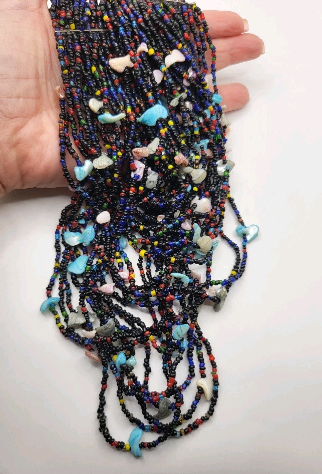 Black Multicolor Multi Strand Seed Bead Shell Bib Necklace Large 30″ Unisex