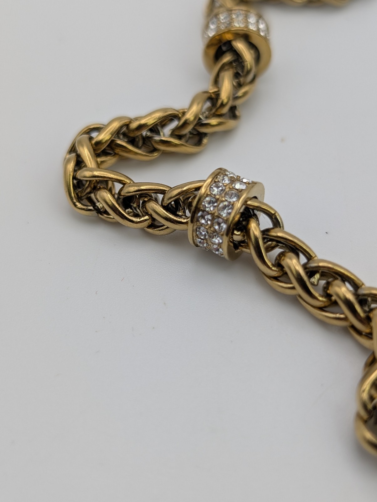 JCM Stainless Steel Gold Tone Wheat Chain Necklace Crystal Accents 18″