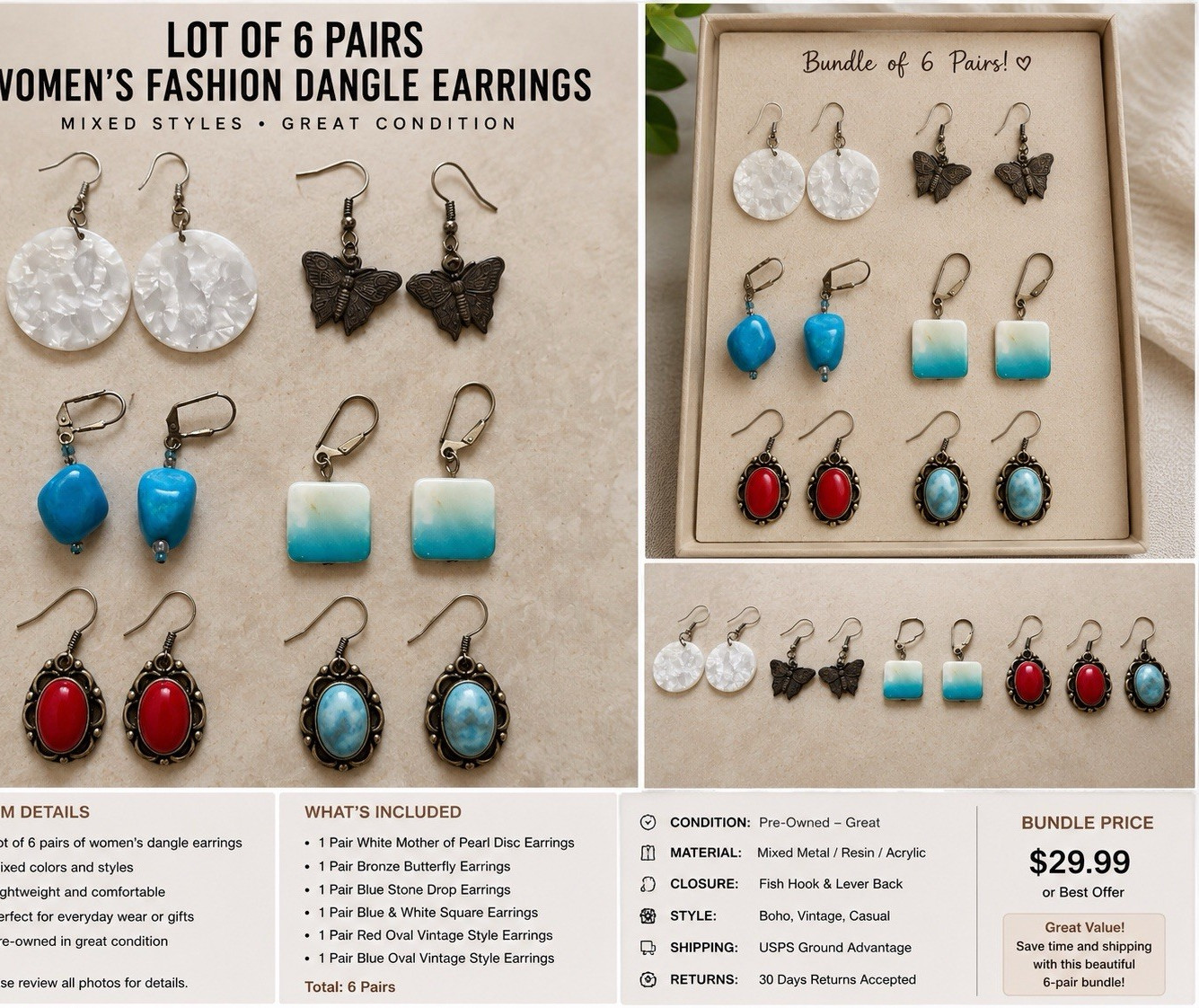 Lot of 6 Pairs Women’s Fashion Dangle/Drop Earrings, Multicolor Butterfly