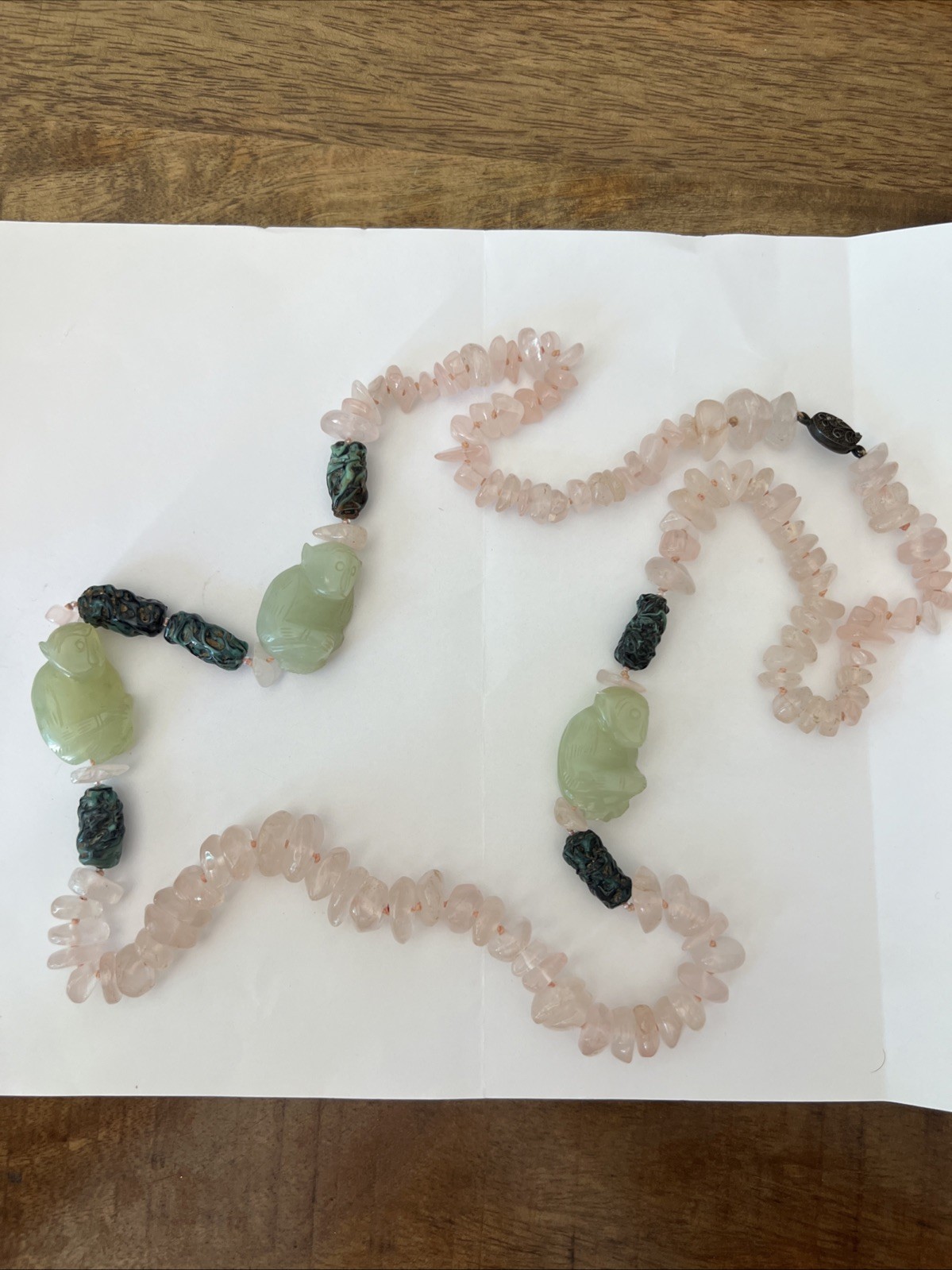 Rose Quartz Hand Knotted Necklace 36”with Jade Monkeys