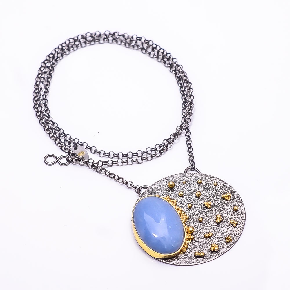 Blue Opal Black And Gemstone Gold Rhodium 925 Silver Tennis Necklace 19.99″ N39
