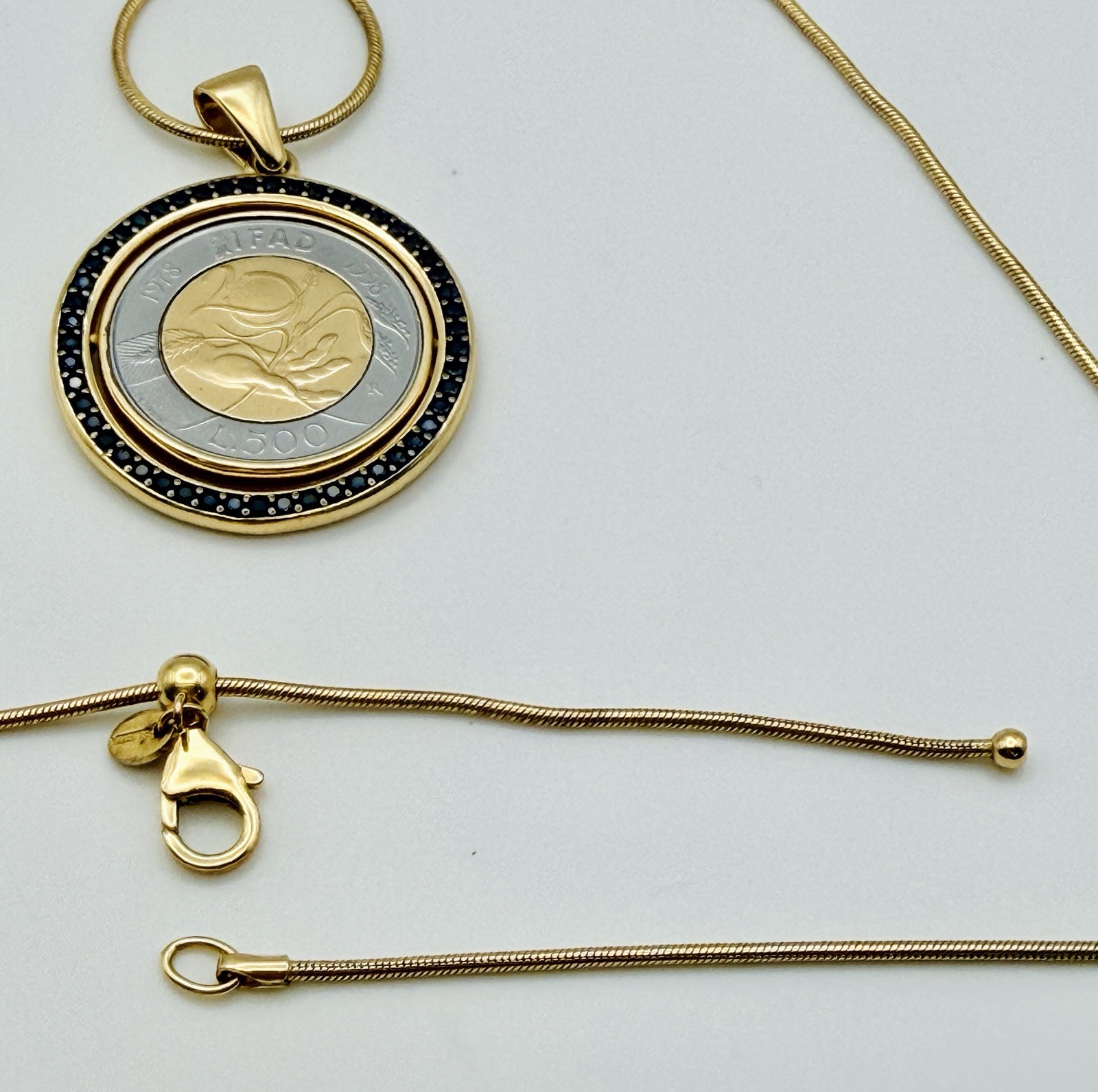 Bezzella ITAOR Necklace 23″ Faux-Saphire Lira Coin Pendant Charm Gold Tone Italy
