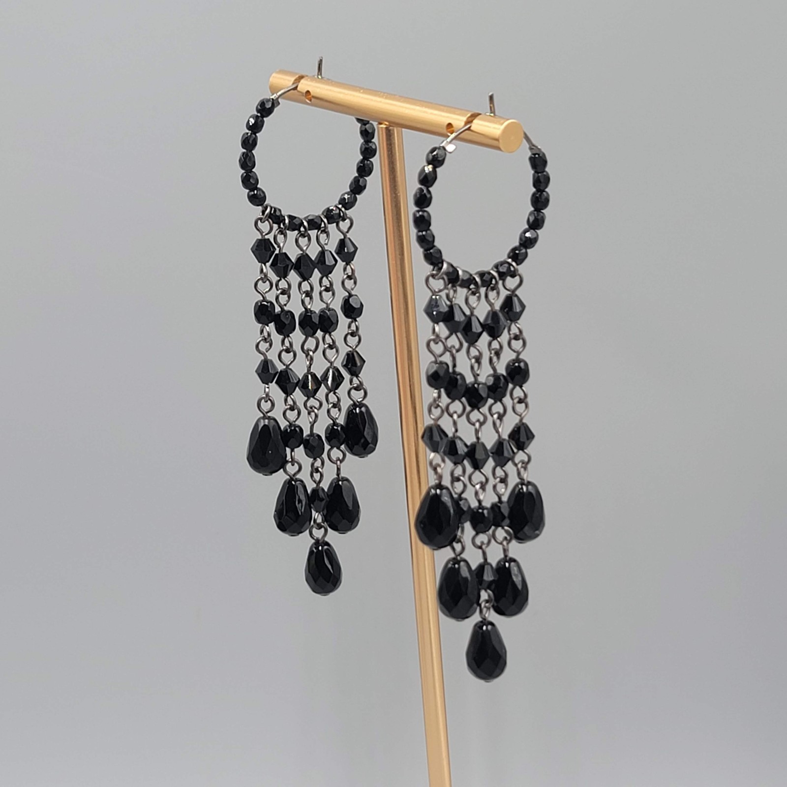 Long Black Glass Beads Pierced Earrings Silver tone Hoops 3.5 in
