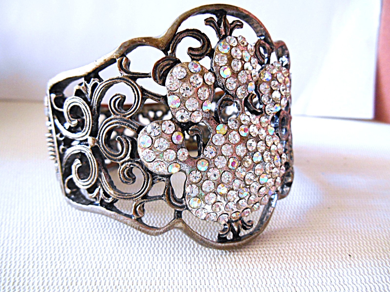 Large Bronzetone & AB Rhinestone Paw Print Clamper Bracelet