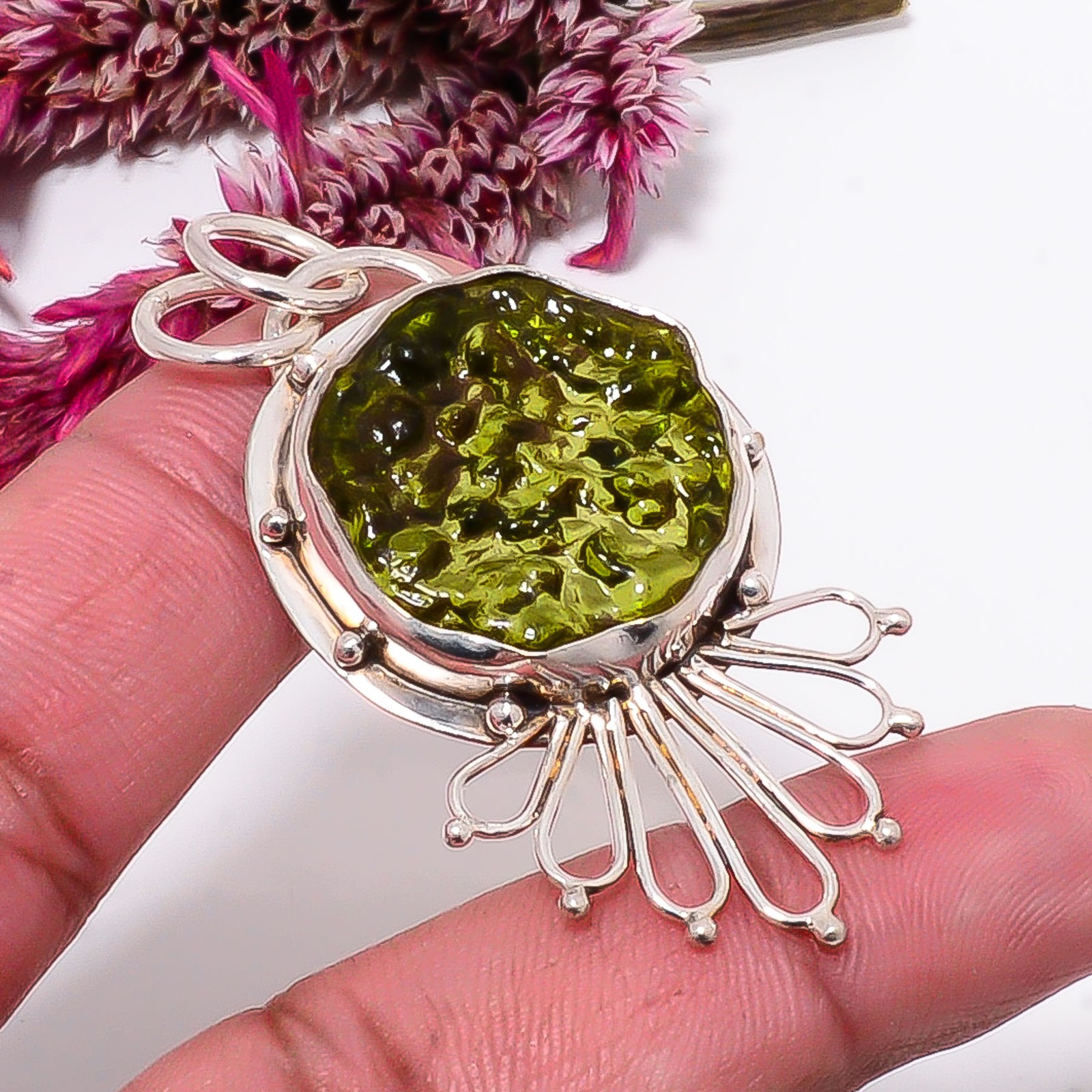 Moldavite Gemstone Designer Handmade 925 Sterling Silver Pendant 2.15″ Sku10