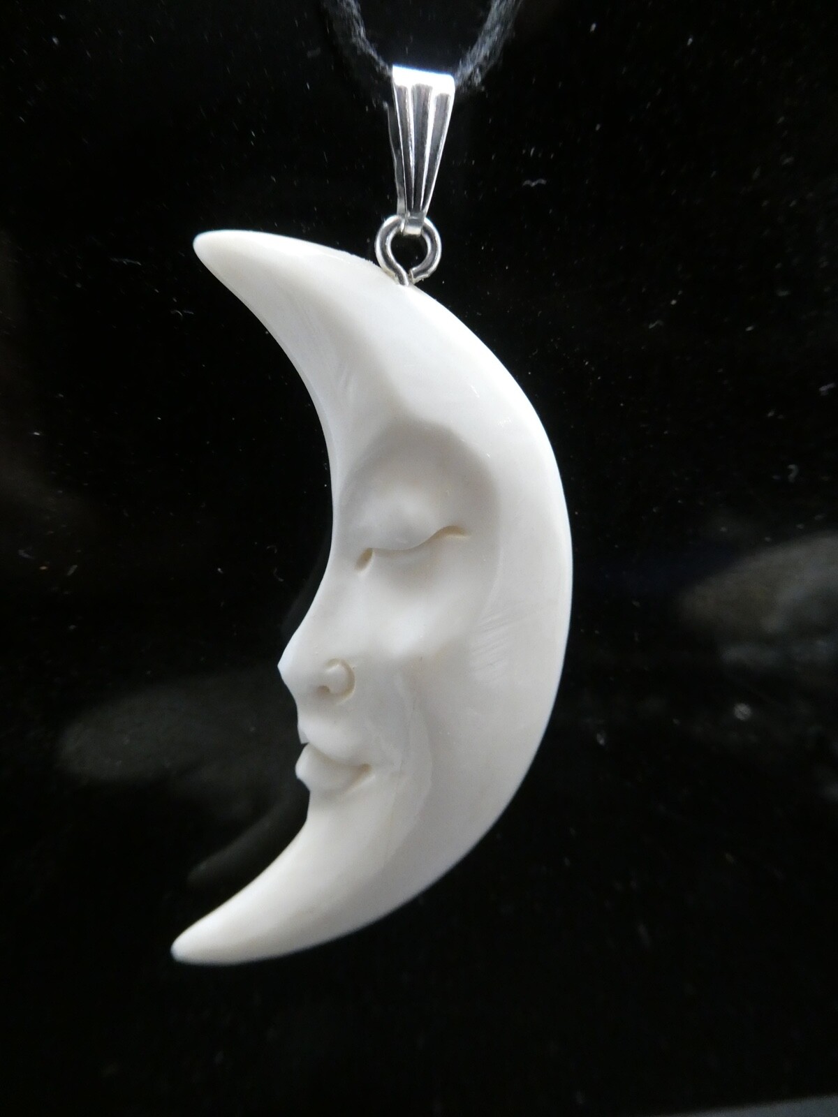 Crescent Half MOON Double Sided Face Carved Water Buffalo Bone Pendant Necklace