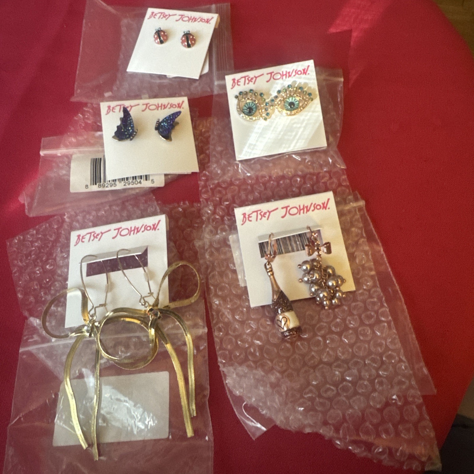 Betsy Johnson Earring Lot of 5 Pairs 2 dangle, 3 studs as shown. New!