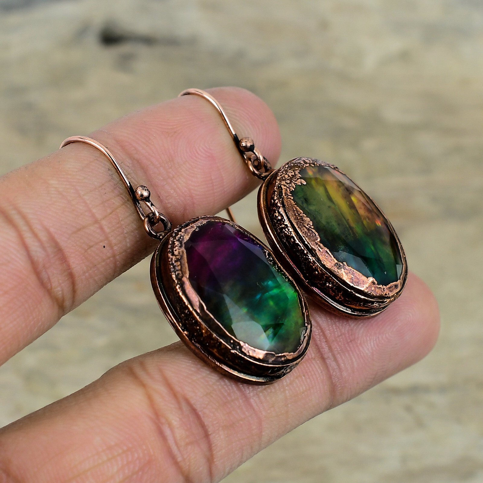 Ammolite Jewelry Copper Friend Gift Electroformed Drop/Dangle Earrings 1.85″