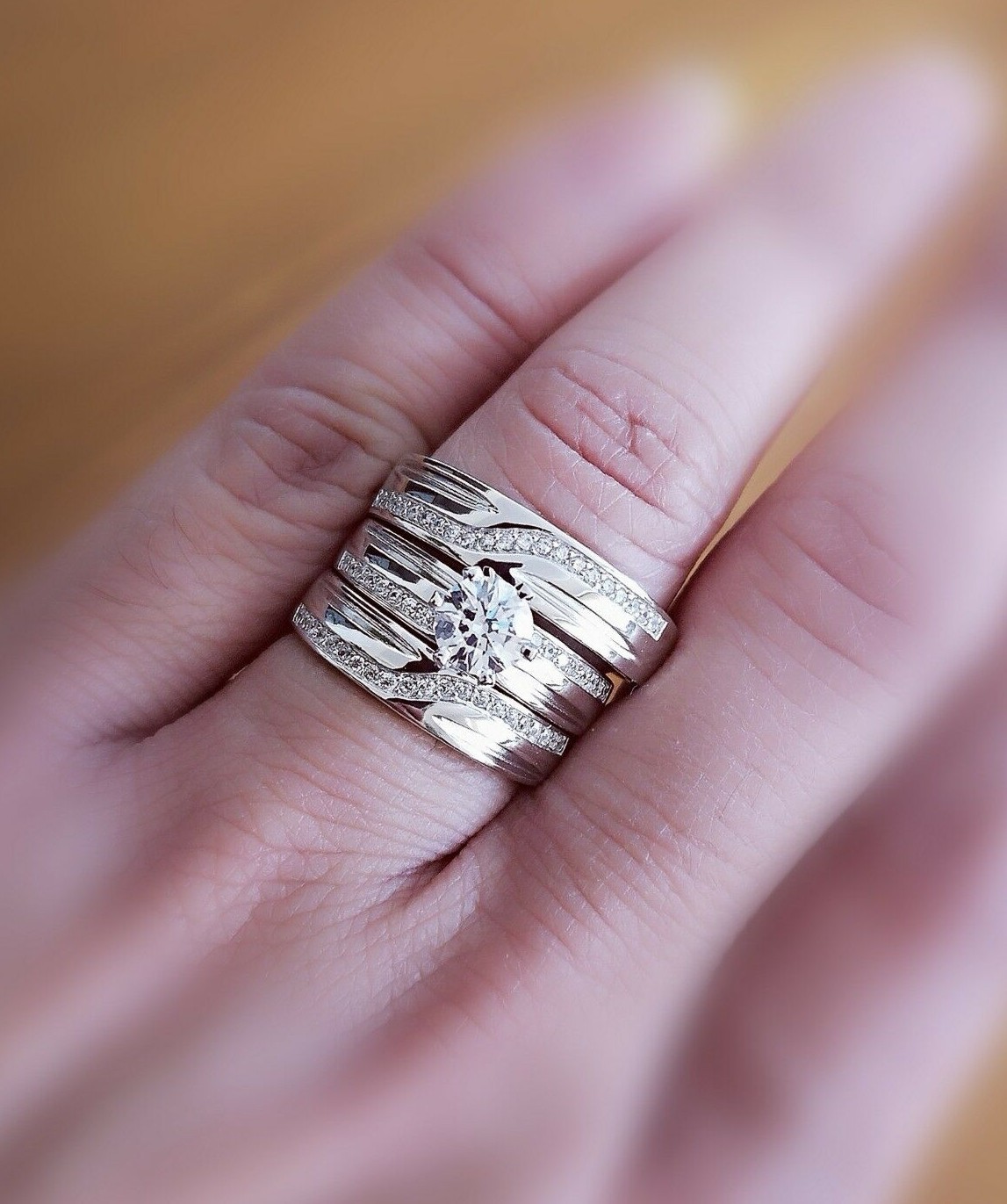 Engagement Ring and Wedding Band Set 14K Gold Plated White Simulated Diamond