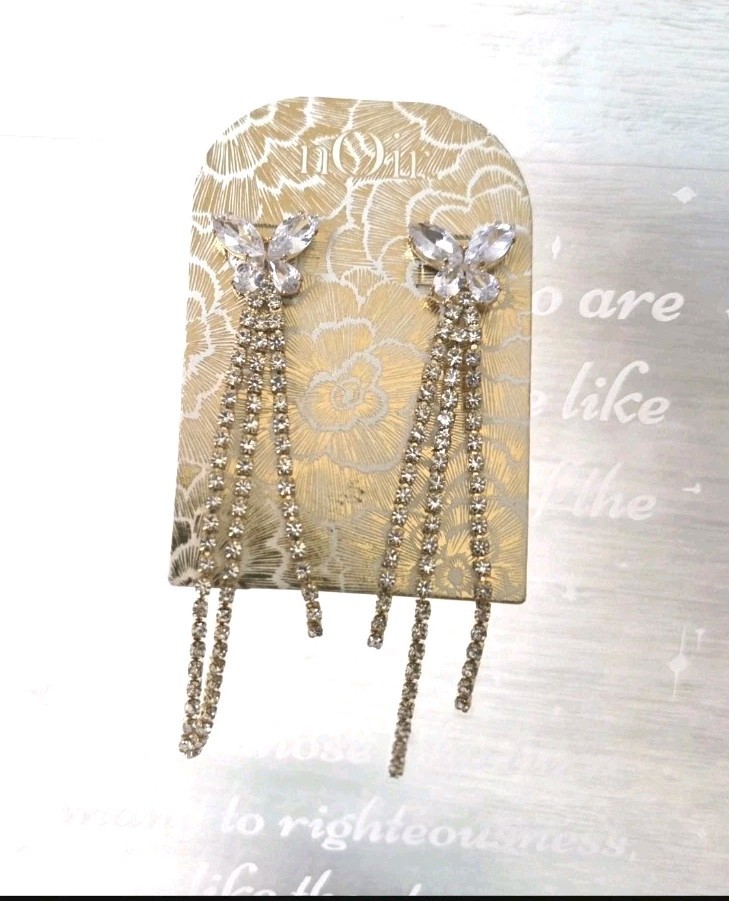 NWT Noir Butterly Rhinestone Crystal Drop Earrings Gold Tone Fashion 3.5 in.