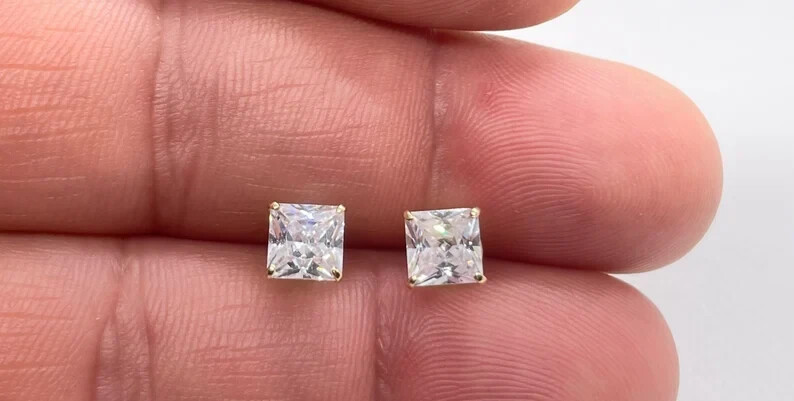 10k solid gold princess stud earrings 2 carats total simulated diamonds
