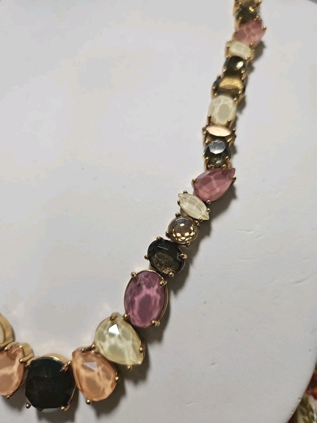 LOFT Goldtone Soft Pink Brown Green Ivory Open Rhinestones Adj 19-20″ Necklace