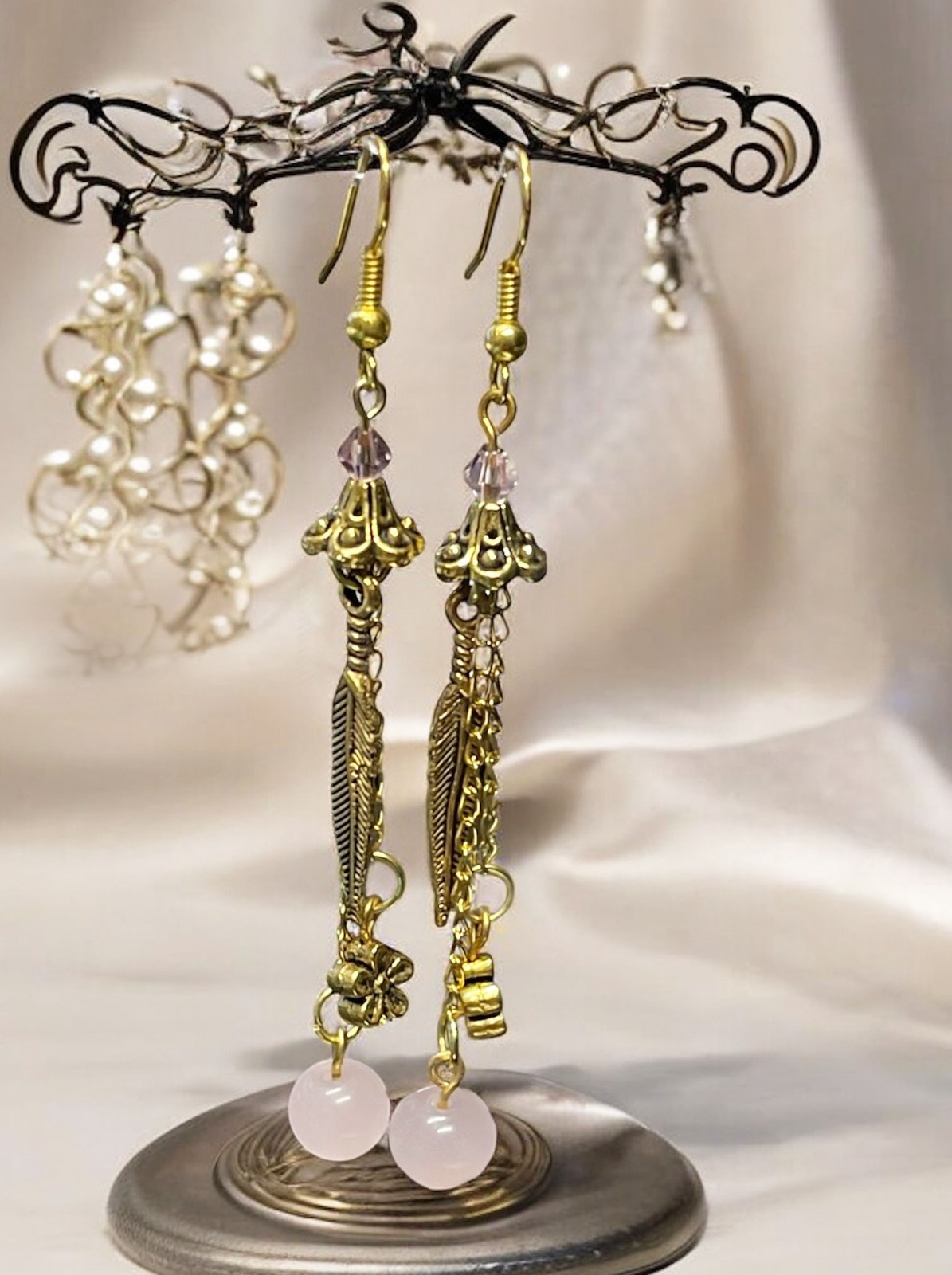 Rose Quartz with Charms Brass Color Earrings Handmade Dangle Jewelry