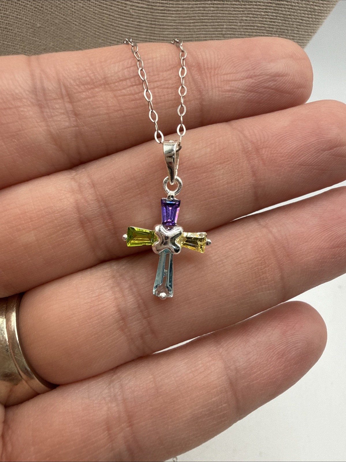 Multi Gemstone Sterling Silver Christian Cross Necklace Signed FAS
