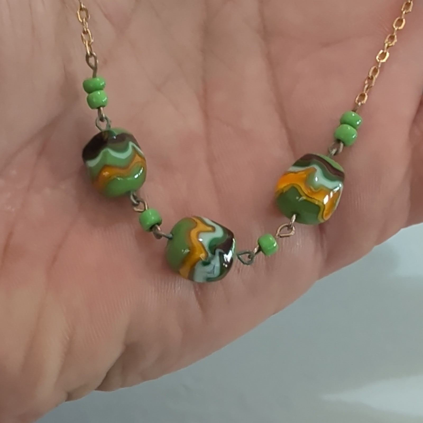 Gold Tone Cable Chain Necklace Green Orange Glass Beads Spring Ring Clasp