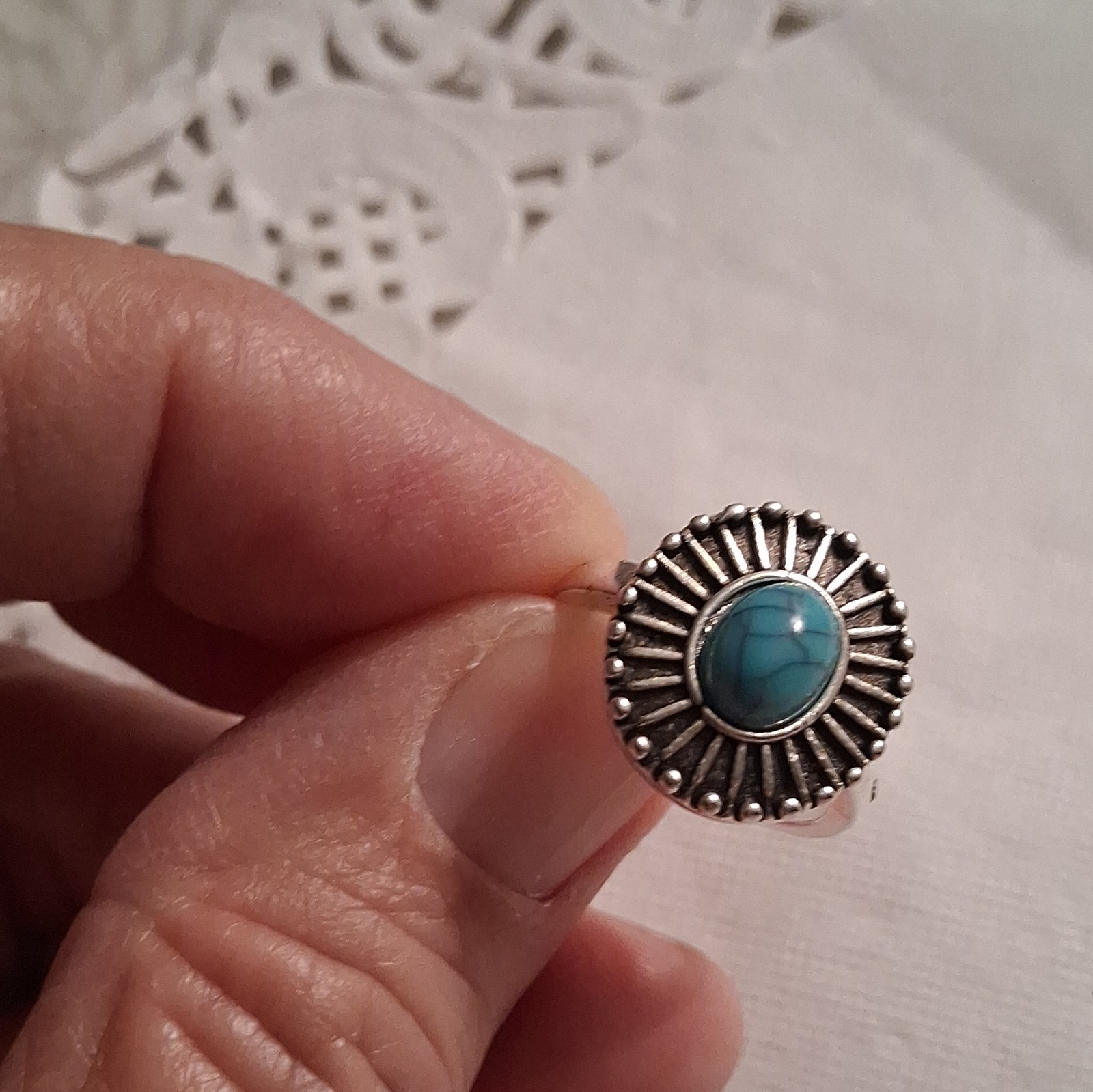 Silver Tone Band Ring Round Blue Turquoise Stone Bezel Set Size 6
