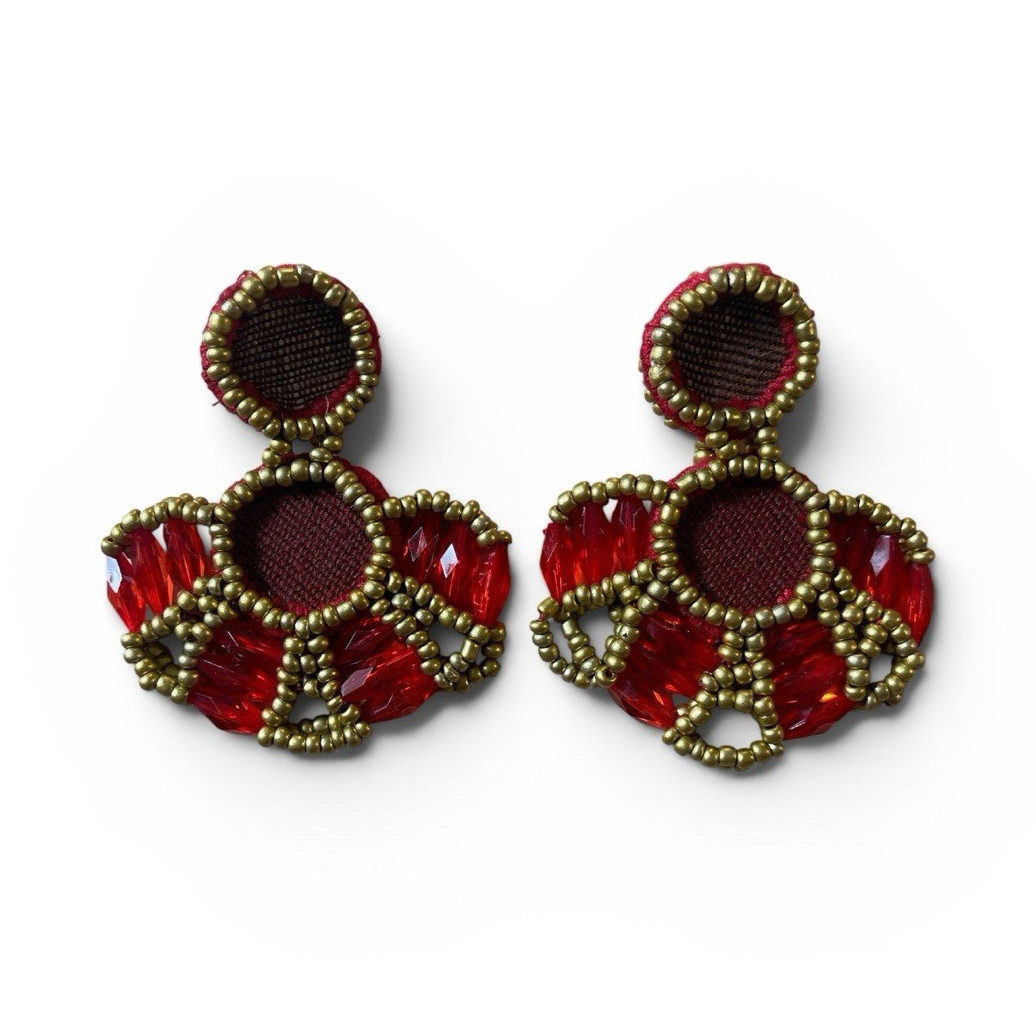 Red & Gold Crystal Beaded Dangle/Drop Earrings Round Beads Butterfly Closure