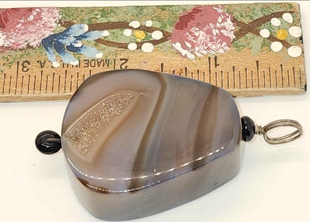 Banded Brown Gray Agate Stone Pendant Charm w/ Silver Metal Bail Loop