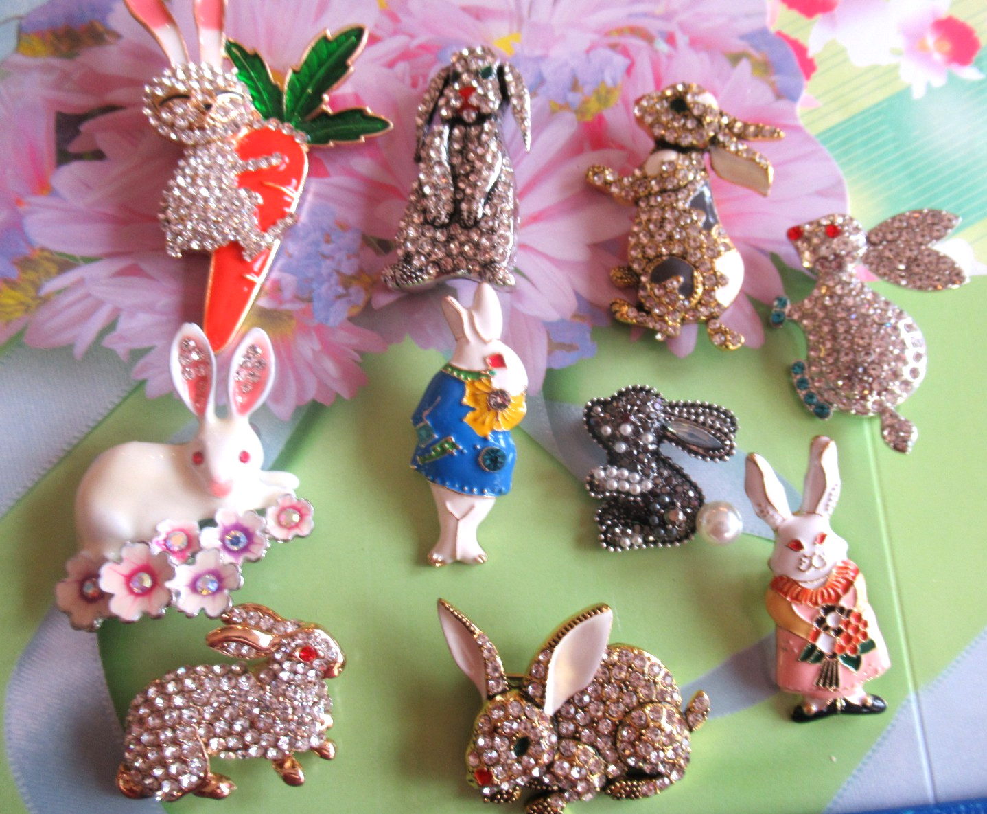 Beautiful BUNNIES Rabbit Easter Crystal Enamel Brooch Lot 10 pcs NEW