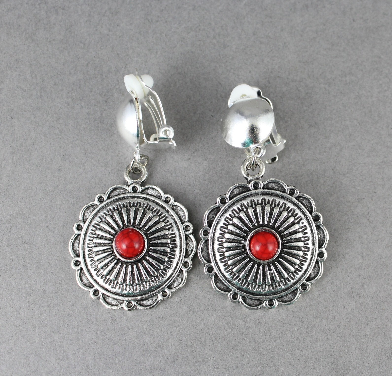 Silver Clip On earrings round medallion pendant clips lightweight 1 7/8″ long