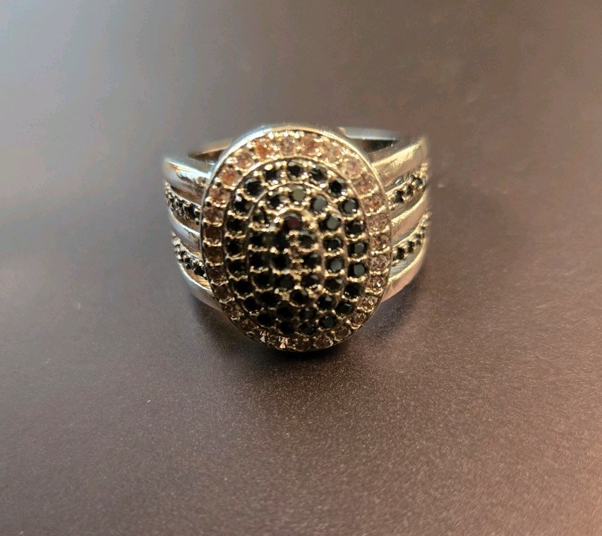 Silver Plated Black Spinel /CZ Cocktail Statement Ring