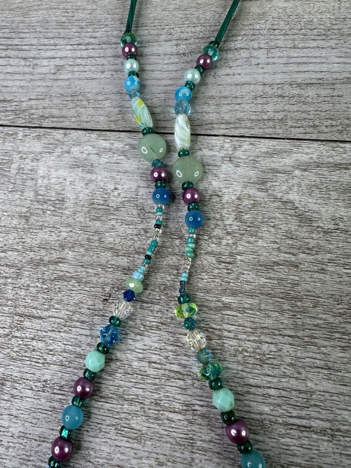 Artisan Beaded Necklace Teal Blue Purple Glass Stone Dragonfly Clasp