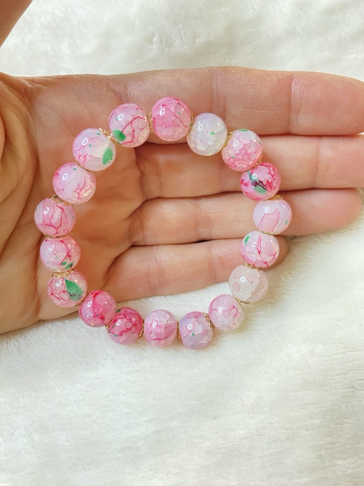 Pink White Beaded Stretch Stone Bracelet Round Less Than 8in
